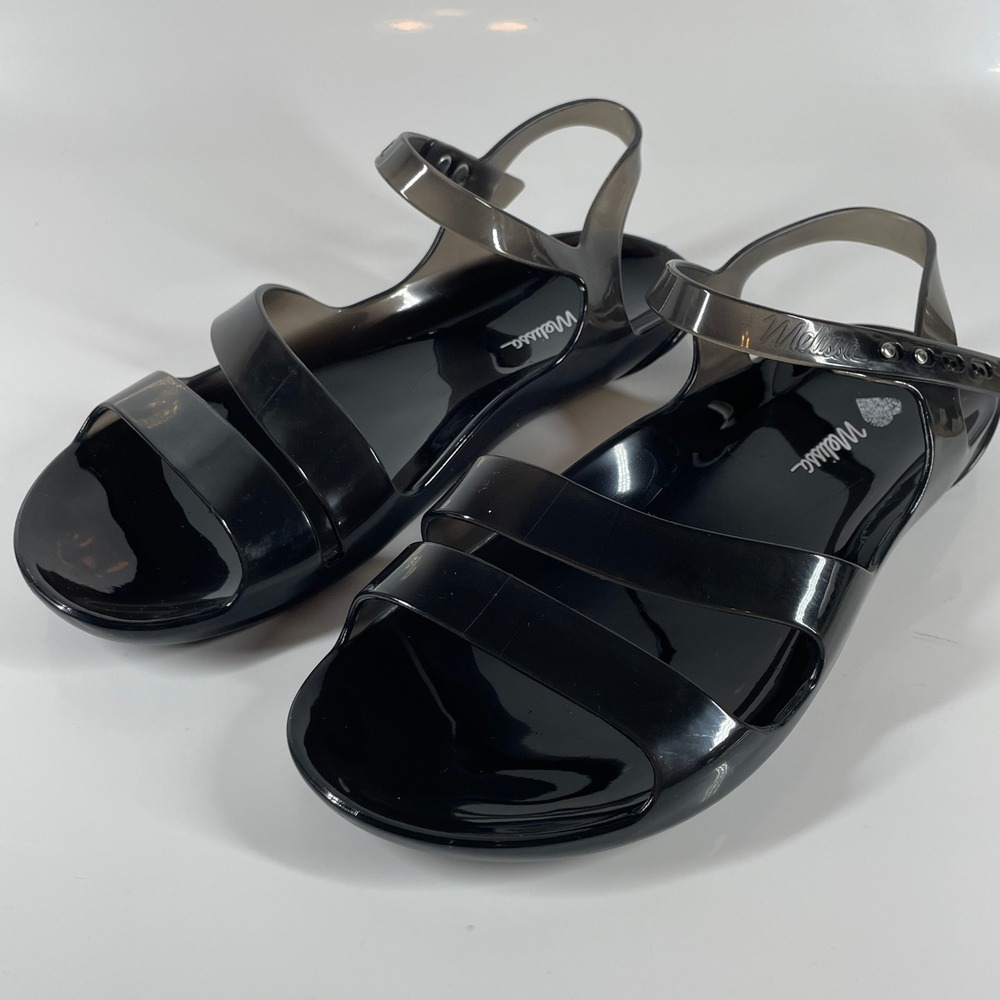 Sz 6 Melissa Black Jelly Sandals Womens Vegan Smoky Translucent Straps Brazil